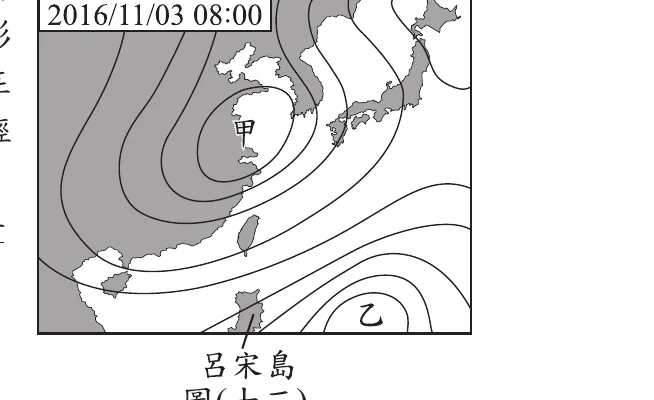 圖(十三)：標示日期2016/11/03 08:00的臺灣附近地面天氣簡圖，中國大陸至韓國一帶為一組密集封閉等壓線構成的高壓系統(標示甲)，籠罩台灣海峽、台灣及呂宋島一帶，等壓線在台灣至呂宋島之間走向大致為西北—東南向；呂宋島東方海面另有一組較疏鬆的等壓線構成低壓系統(標示乙)，等壓線環繞乙呈現氣旋式彎曲