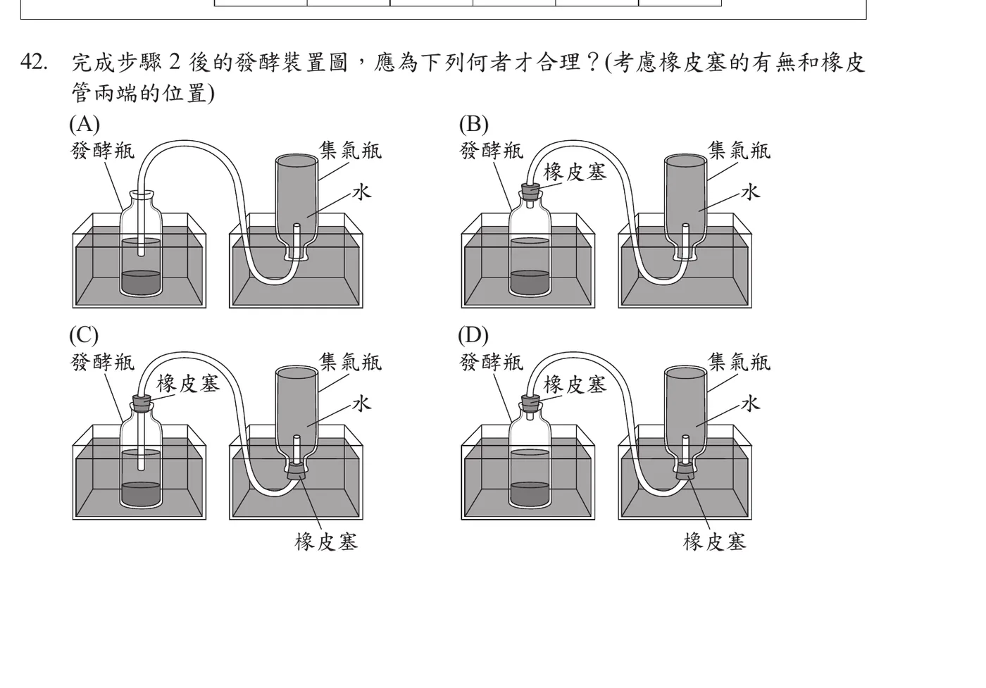 四組(A)(B)(C)(D)排水集氣裝置對照圖，每組左側為浸在水浴中的發酵瓶、右側為倒立於水槽中的集氣瓶，橡皮管連接兩瓶：(A)發酵瓶瓶口沒有橡皮塞，橡皮管直接插入瓶內並伸入液面下(管口沒入發酵液中)；(B)發酵瓶瓶口有橡皮塞，橡皮管穿過橡皮塞，管口停留在液面上方(未接觸發酵液)；(C)發酵瓶瓶口有橡皮塞，但橡皮管穿過橡皮塞後一路伸入液面下(管口沒入發酵液中)；(D)發酵瓶瓶口有橡皮塞，橡皮管管口同樣停留在液面上方(與B相同)。四組的集氣瓶畫法皆相同：倒扣於水槽中，橡皮管從水槽底部彎繞進入集氣瓶瓶口內側