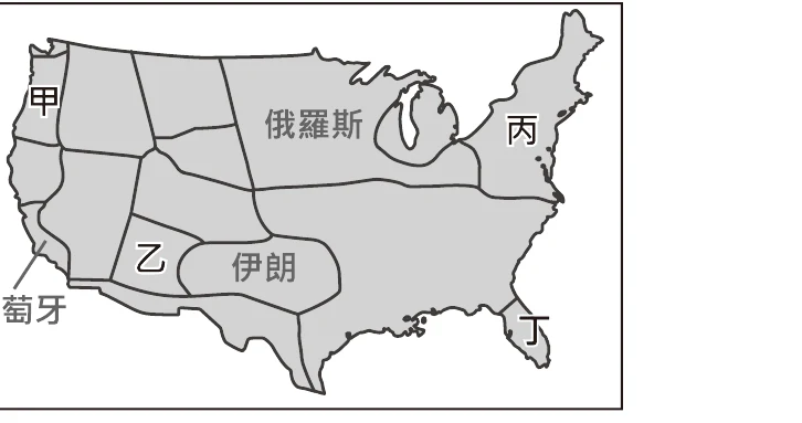 圖(八)：美國地圖，甲(西北，標示葡萄牙)、乙(西南內陸，標示伊朗)、丙(五大湖區，標示俄羅斯)、丁(東南佛羅里達，未標示國名的空白區域)