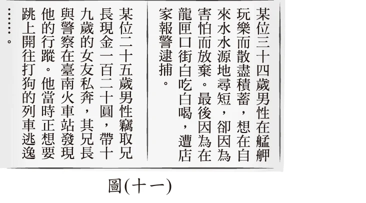 圖(十一)：兩則直式舊報紙社會新聞剪報。右則：「某位三十四歲男性在艋舺玩樂而散盡積蓄，想在自來水水源地尋短，卻因為害怕而放棄。最後因為在龍匣口街白吃白喝，遭店家報警逮捕。」左則：「某位二十五歲男性竊取兄長現金一百二十圓，帶十九歲的女友私奔，其兄長與警察在臺南火車站發現他的行蹤。他當時正想要跳上開往打狗的列車逃逸……」