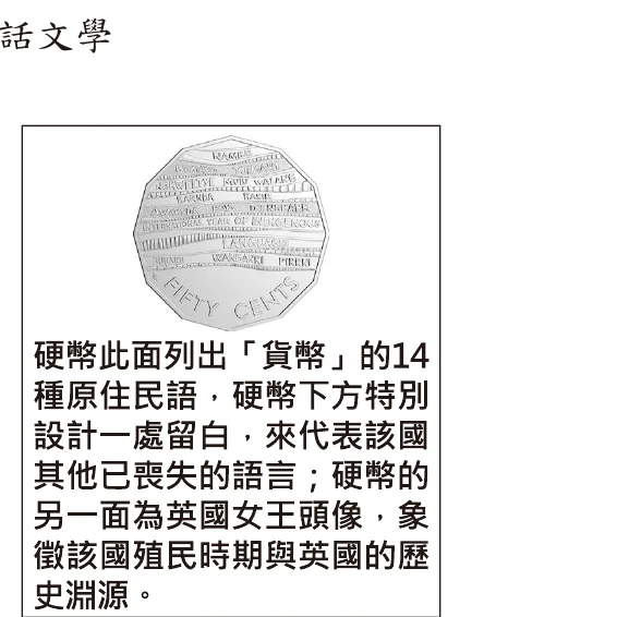 圖(十九)：50分硬幣照片，幣面外圈刻滿多種原住民語詞彙、中央刻著「FIFTY CENTS」；旁附說明文字：硬幣此面列出「貨幣」的14種原住民語，硬幣下方特別設計一處留白，來代表該國其他已喪失的語言；硬幣的另一面為英國女王頭像，象徵該國殖民時期與英國的歷史淵源。