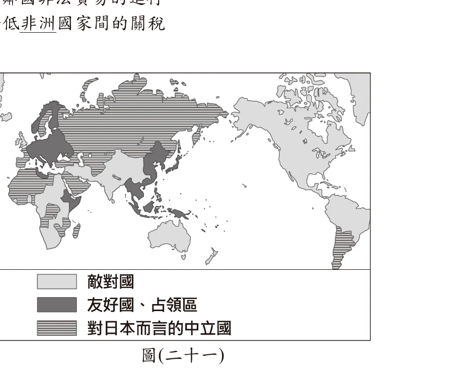 圖(二十一)：世界地圖，以三種圖例區分「敵對國」（淺灰，含美加、英國、中國、澳洲等）、「友好國、占領區」（深灰，含德國、義大利、日本、朝鮮、東南亞占領地等）、「對日本而言的中立國」（條紋，含蘇聯、西班牙、瑞典、阿富汗、南美洲多國、非洲部分國家等）