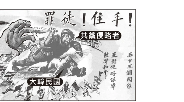 圖(二十三)：政治宣傳漫畫，一隻巨大的手從畫面左側伸入，寫著「罪徒！住手！」，手中人物標示「共黨侵略者」正壓制著標示「大韓民國」的倒地人物，畫面右側文字寫著「反對侵略保障世界和平」、「五十三個國家」