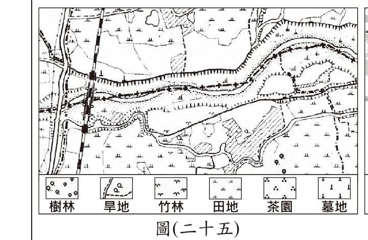 圖(二十五)：1921年日治時期地形圖，圖幅中央有一條蜿蜒河道橫貫，河道兩側大範圍土地布滿「田地」圖例符號，另有零星「樹林」「旱地」「竹林」「茶園」「墓地」圖例，田地符號占絕大多數面積