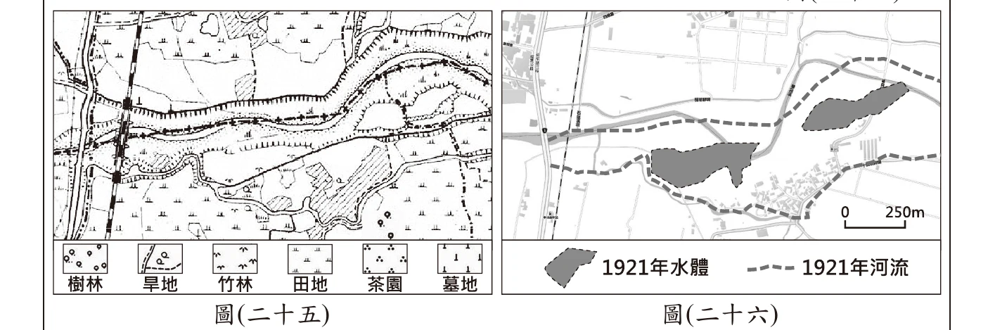 圖(二十五)：1921年日治地形圖，河道與田地分布如前題。圖(二十六)：現今電子地圖，將1921年的水體(灰色不規則塊狀，形似埤塘)與河流(虛線)疊繪其上，其中一處水體鄰近聚落，形狀為封閉的埤塘狀水域，並非海岸、岸壁或礁石地形