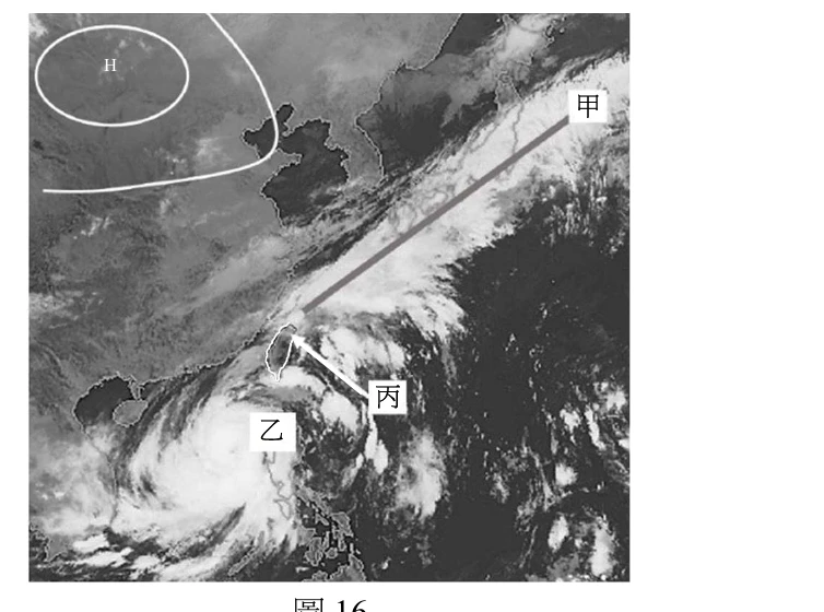 圖16：東亞衛星雲圖，左上白線圈標H（高壓），中央長帶狀雲系標甲，左下渦旋狀雲團標乙，箭頭指向台灣位置標丙