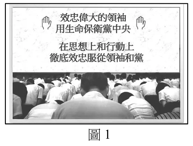 圖1：黑白政治宣傳海報，畫面上方文字寫著「效忠偉大的領袖 用生命保衛黨中央」及「在思想上和行動上 徹底效忠服從領袖和黨」，兩側各有一隻舉起的手掌圖案，下方為大批群眾自背後拍攝、低頭聚集的照片