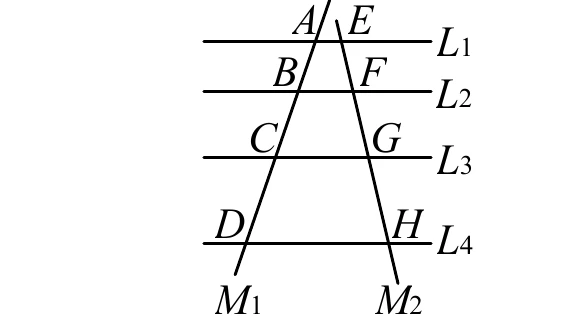 兩條直線M1（左）、M2（右）由左下向右上延伸，被四條互相平行的水平直線L1、L2、L3、L4（由上而下排列）切過。M1與L1、L2、L3、L4的交點由上而下依序標示A、B、C、D；M2與L1、L2、L3、L4的交點由上而下依序標示E、F、G、H。AE為L1上A到E的水平線段，BF為L2上B到F的水平線段，CG為L3上C到G的水平線段，DH為L4上D到H的水平線段；圖上未另標示任何長度數字。