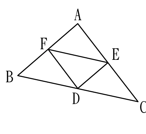 △ABC，A在頂端、B在左下、C在右下。F為AB邊中點（左側）、E為AC邊中點（右側）、D在BC邊上（底邊中段偏左，介於B、C之間）。F、E、D三點兩兩以線段相連，構成內部的小三角形DEF，將原三角形分成四個小三角形：上方的△AEF、左下的△BDF、右下的△CDE，以及中間的△DEF。圖上未另標示任何長度或角度數字，D在BC上的確切位置（是否為中點）僅由圖形呈現，題幹文字未明講。