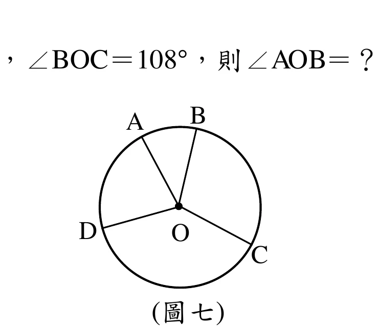 圓O，圓周上順時鐘依序為A（上方偏左）、B（上方偏右，緊鄰A）、C（右下方）、D（左下方）四點；圖中畫出O到A、O到B、O到C、O到D共四條半徑。
