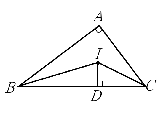 直角△ABC：A在頂端（直角記號標於A處）、B在左下、C在右下。三角形內有一點I，I以線段連到B、C，並有一條線段由I垂直向下連到BC上的D點，D處有直角記號。