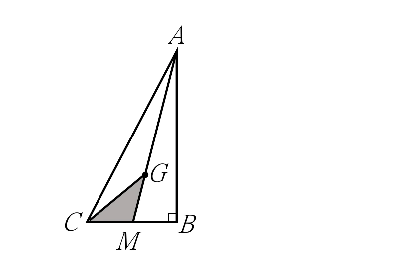 直角△ABC：A在頂端、C在左下、B在右下（B處有直角記號）。G點在三角形內部（AC與AB之間偏下方），A與C之間、A與B之間各有一條線段通過G。M在CB上（靠近C側），三角形CGM以灰色網底標示。