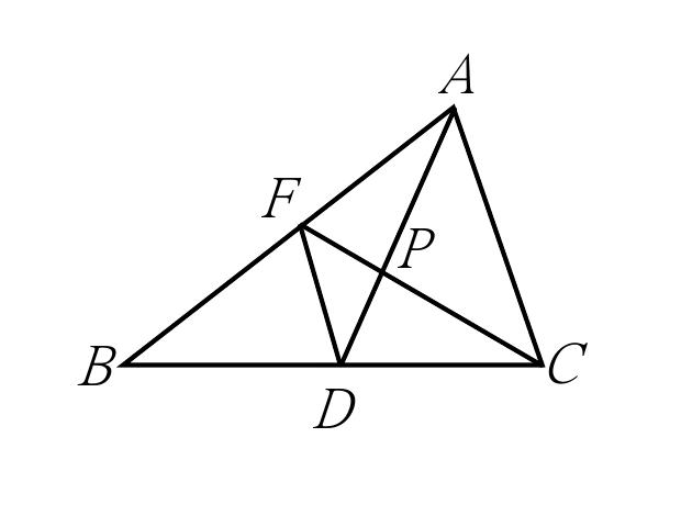△ABC：A在頂端、B在左下、C在右下。F在AB上（偏上方）、D在BC上（中點）。線段AD、CF、FD皆畫出，AD與CF交於三角形內部的P點。