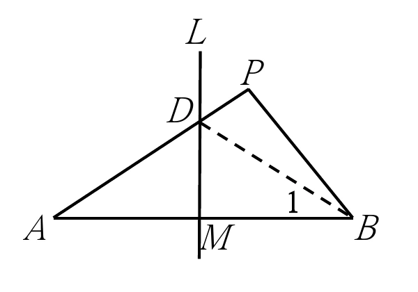 △ABM向右延伸的圖形：L為一條鉛直線，A在左下、B在右下、M在AB上（L與AB的交點）。D在L上（M的正上方）。P在D的右上方，A與P之間、D與B之間、P與B之間各有線段，其中D到B為虛線；角度標號1標於B附近（DB虛線與PB之間）。