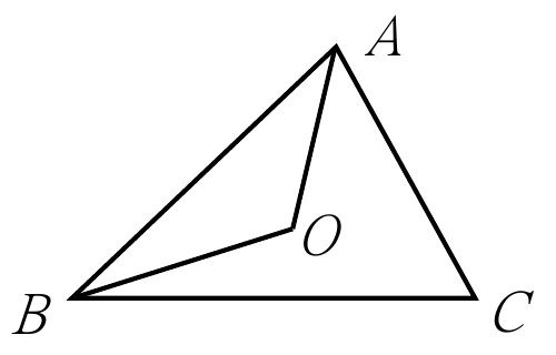 △ABC：A在頂端、B在左下、C在右下。三角形內有一點O，O分別以線段連到A、B（O到C的線段未畫出）。