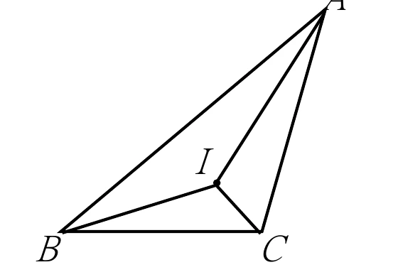 △ABC：A在右上、B在左下、C在右下。三角形內有一點I，I分別以線段連到A、B、C，將三角形分成三個小三角形。
