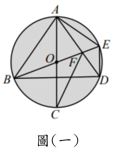 圓O的圓周上依順時鐘方向排列 A（最上）、E（右上）、D（右下）、C（最下）、B（左）五點，O 為圓心。圖中畫出數條弦：通過圓心 O 的是 AC 與 BE 兩條直徑；BD 是一條水平的弦，畫在 O 的下方、並不通過圓心。另外還有 AB、AD、CE 等弦。F 標在圓內、O 的右下方，是圖中幾條弦交會的位置（AD、BE、CE 在該處幾乎三線共點，圖上分不出 F 確切屬於哪一組交點），F 不在圓周上。