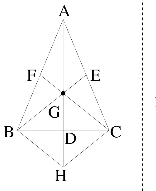 △ABC 中，A 為頂點、B 與 C 為底邊兩端點，D 為 BC 中點；F 在 AB 上、E 在 AC 上（皆為中點）。過 A、G、D 三點的直線向下延伸到 H，且 GD=DH（H 在 D 下方、三角形外部）。線段 BE 與 CF 交於 G（圖中的黑點，即重心），故 A、G、D、H 四點共線。圖中另畫出 F 到 E 的水平線段，以及 BH、CH 兩線段，使下方另外形成一個以 BC 為底、H 為頂點的三角形。
