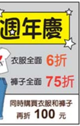 一張店家宣傳單，灰底、四角綴有星形圖案，中央黃底黑字寫著「週年慶」，左側有一件上衣與一件牛仔褲的插圖。文字由上而下依序印著：「衣服全面 6折」、「褲子全面 75折」、「同時購買衣服和褲子 再折 100 元」。