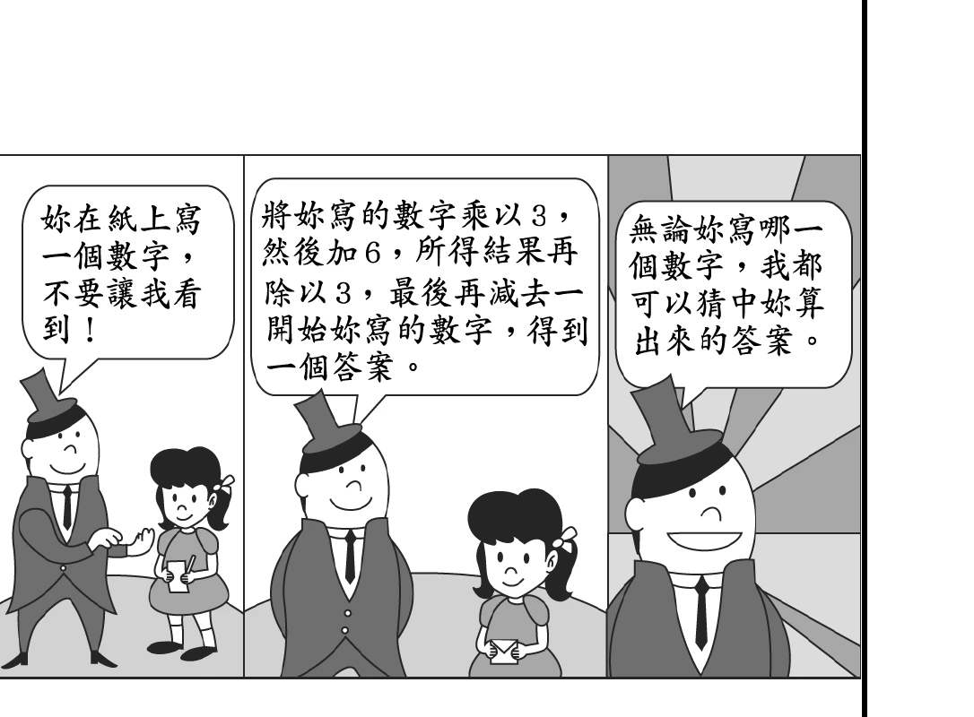 三格漫畫：第一格，戴高帽的魔術師對綁雙馬尾的女孩（小美）說「妳在紙上寫一個數字，不要讓我看到！」，小美手持紙筆。第二格，魔術師說「將妳寫的數字乘以3，然後加6，所得結果再除以3，最後再減去一開始妳寫的數字，得到一個答案。」，小美手持寫好的紙。第三格，魔術師露出笑容說「無論妳寫哪一個數字，我都可以猜中妳算出來的答案。」，背景為放射狀線條。