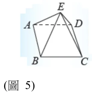 四角錐立體圖：正方形底面ABCD以透視方式呈現，A在左上、D在右上、B在左下、C在右下；上方頂點E與A、B、C、D以實線相連（四條側稜皆為實線可見）；底面的AD邊（後方邊）以虛線表示，其餘底面邊AB、BC、CD以實線表示。