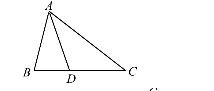 三角形$ABC$，$A$在上方、$B$在左下方、$C$在右下方，$D$為$\overline{BC}$上一點（靠近$B$）。線段$\overline{AD}$由$A$連到$D$，將三角形分成左右兩個小三角形。