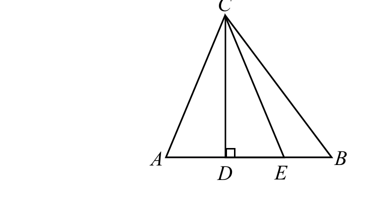 三角形$ABC$，$C$在上方、$A$在左下方、$B$在右下方。$D$為$\overline{AB}$上一點（靠近$A$），$C$到$D$的線段標有直角記號（即$\overline{CD}\perp\overline{AB}$）。$E$為$\overline{AB}$上另一點（在$D$與$B$之間），另有線段$\overline{CE}$由$C$連到$E$。