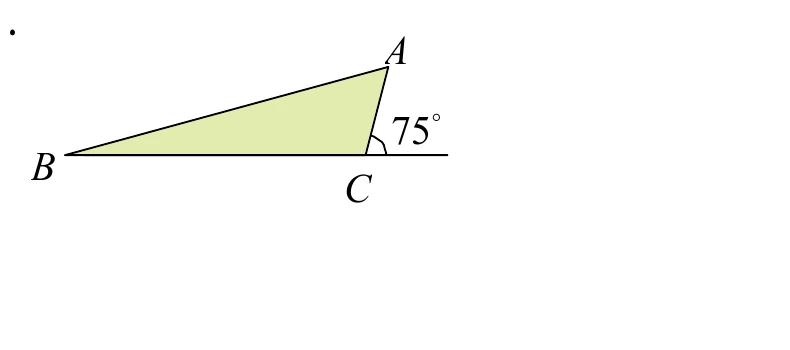 三角形$ABC$（內部填淺綠色），$A$在上方，$B$在左下、$C$在右下，$\overline{BC}$向右延伸超出$C$點形成一條水平射線。在$C$點，三角形內角$\angle ACB$的旁邊、$\overline{CA}$與延伸射線之間標示外角「$75^\circ$」。
