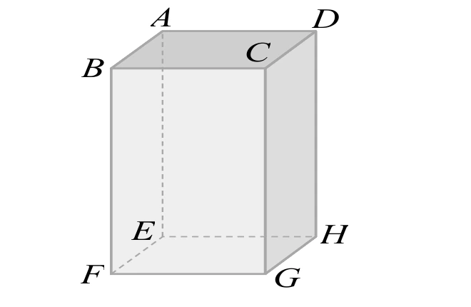 一個長方體透視圖，頂面（上面）四頂點依序為：$A$（後左）、$D$（後右）、$B$（前左，在$A$正下方偏前）、$C$（前右，在$D$正下方偏前）；底面四頂點依序為：$E$（後左，被遮擋）、$H$（後右）、$F$（前左）、$G$（前右）。可見（實線）的邊：$AB$、$AD$、$DC$、$BC$（頂面四邊）、$BF$、$DH$、$CG$（三條垂直邊）、$FG$、$GH$（底面前緣與右緣）；不可見（虛線）的邊：$AE$、$EF$、$EH$（與被遮擋頂點$E$相連的三邊）。