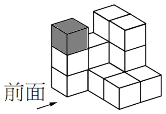 等角透視立體圖，由大小相同的正方體堆疊而成，左下角以「前面」箭頭標示觀察方向，箭頭指向螢幕的右上方。最前方左側是一直行，由下往上堆疊3個立方體，其中最頂端（第3層）的立方體以灰色網底標示，即為題目所指「取走」的積木；其右側為底層的立方體排成一列；圖後方另有兩直行各堆疊到第3層。