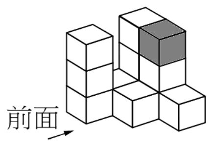 等角透視立體圖，由大小相同的正方體堆疊而成，左下角以「前面」箭頭標示觀察方向，箭頭指向螢幕的右上方（不是右下方）。最前方左側是一直行，由下往上堆疊3個立方體（無灰色）；其右側為底層的數個立方體排成一列；圖後方有兩根並排的直行各堆疊到第3層，其中偏中間那一根的最頂層立方體以灰色網底標示，即為題目所指「拿走」的積木。
