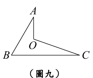 四邊形ABOC（非凸四邊形）：A在最上方，B在左下角，C在右下角，O在A的正下方、BC線段的上方（介於A與BC之間，使整體呈現上方尖角旁被切出一個小凹角的四邊形）。邊為A-B（左側）、B-C（底邊）、C-O（右上）、O-A（左上，短邊）。