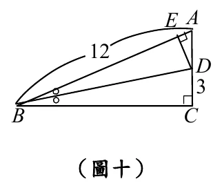 三角形ABC，C為直角頂點（∠ACB=90°，直角記號標示在C）。B在左下角，C在右下角，A在C的正上方（AC為鉛直邊）。D點在AC上，靠近C，標示長度3；E點在AB上，靠近A；DE為連接D、E的線段。AB全長標示為12；B點處以小圓弧符號標示角平分線的記號，表示BD平分∠ABC。