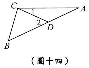 三角形ABC，A在右上角、B在左下角、C在左上角（CA為頂邊、CB為左邊、AB為右側邊）。D點在AB邊上，靠近A；另畫出線段CD。∠1標示在C點，位於CA與CD之間；∠2標示在D點，位於CD與DB之間。