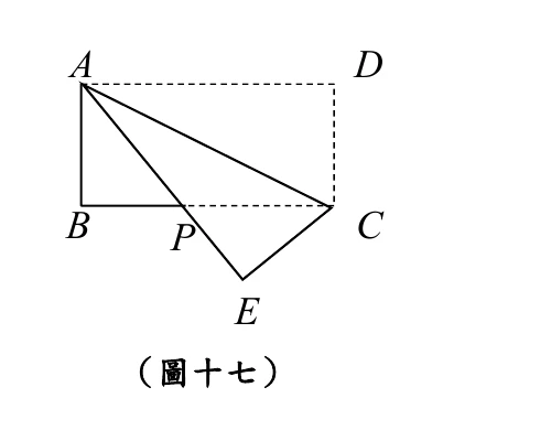長方形紙張ABCD：A左上、D右上、B左下、C右下；AD、DC以虛線表示（原長方形另外兩邊，摺疊後的原始位置）。紙張沿對角線AC對摺後，D點落在E點（E在BC下方外側）。P點為AE與BC的交點（在B、C之間偏左）。實線連接AB、BC、CA、AE、CE，構成摺疊後的三角形ABC與三角形ACE（與原三角形ACD全等）。