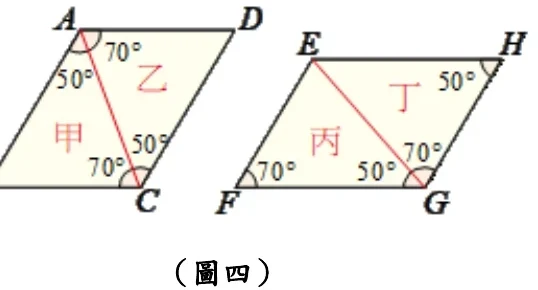 兩個平行四邊形並排。左邊ABCD：A左上、D右上、B左下、C右下，紅色對角線AC將其分成三角形甲（ABC，左下）與三角形乙（ACD，右上）；A處標示70°（靠D側）與50°（靠B側），C處標示50°（靠D側）與70°（靠B側）。右邊EFGH：E左上、H右上、F左下、G右下，紅色對角線EG將其分成三角形丙（EFG，左下）與三角形丁（EGH，右上）；E處沒有標示角度，F處標示70°、G處標示50°（靠F側）與70°（靠H側）、H處標示50°。