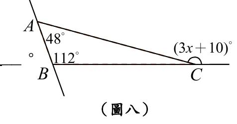 A點與右方C點以線段AC相連（向右下方傾斜）；另有一條線經過A下方的B點與水平線相交，B點標示112°的角；A點標示48°的角；C點在水平線上，C的外角（水平線向右延伸方向與CA延伸方向之間的夾角）以圓弧標示為(3x+10)°。