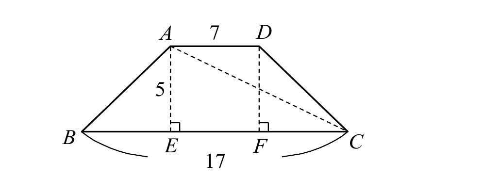 等腰梯形$ABCD$：$A$在上方偏左、$D$在上方偏右（$\overline{AD}$標示為$7$，為上底），$B$在左下、$C$在右下（$\overline{BC}$標示為$17$，為下底，$B$、$C$之間另有弧形括號標示總長$17$）。$A$另有一條鉛垂虛線垂直下降到$E$點（$E$在$\overline{BC}$上，$E$處有直角記號），標示長度$5$；$D$也有一條鉛垂虛線垂直下降到$F$點（$F$在$\overline{BC}$上，$F$處有直角記號，$E$在$F$左側）。另有一條虛線由$A$延伸到$C$（經過$F$附近但不與$\overline{DF}$重合）；$\overline{AB}$、$\overline{BC}$、$\overline{AD}$為實線，$D$與$C$之間未畫連線。