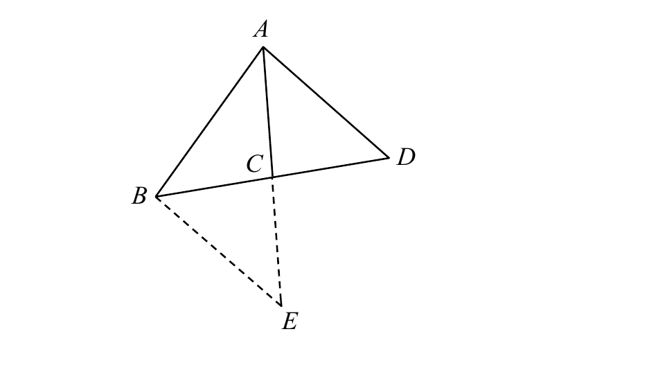 三角形$ABD$：$A$在上方、$B$在左下、$D$在右下。$C$在$\overline{BD}$上（中點）。$\overline{AC}$以實線延伸並以虛線繼續延伸超出$C$到下方一點，標示為$E$（虛線末端有箭頭）；$B$與$E$之間另有一條虛線相連。