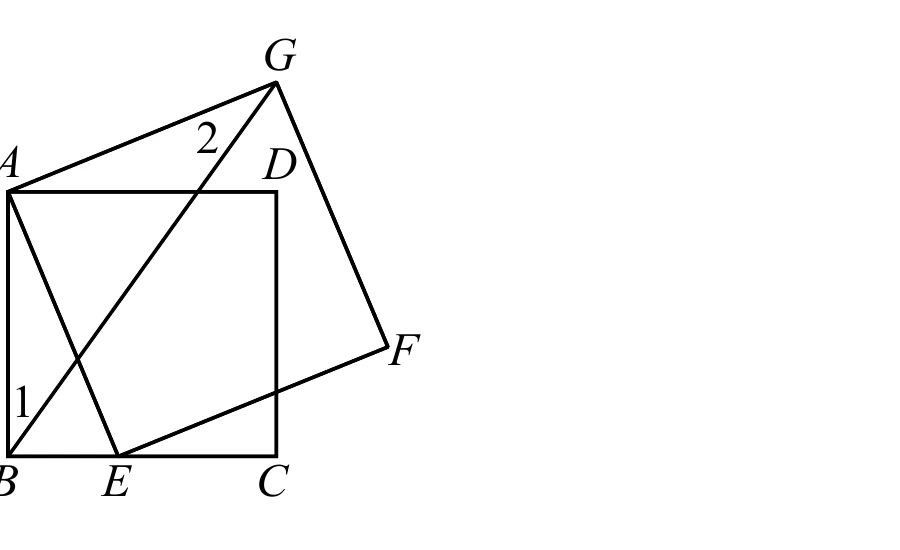 正方形$ABCD$：$A$在左上、$B$在左下、$C$在右下、$D$在右上。$E$點在$\overline{BC}$上（靠右側，接近$C$）。另一個正方形$AEFG$與正方形$ABCD$共用頂點$A$，整體往右上方傾斜：從$A$出發經$E$（正方形$AEFG$左下角）、$F$（右下角，在$ABCD$右側外緣）、$G$（右上角，在$D$的右上方）再回到$A$。線段$\overline{BG}$另外畫出，$\angle1$標示在$B$處（$\overline{AB}$與$\overline{BG}$之間，靠近正方形內側），$\angle2$標示在$G$處（$\overline{AG}$與$\overline{BG}$之間）。