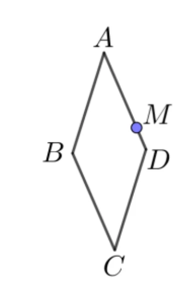 菱形 ABCD：A 在最上方、C 在最下方、B 在左側、D 在右側。AD 邊上靠近 D 的位置標示一點 M（藍色實心圓點）。