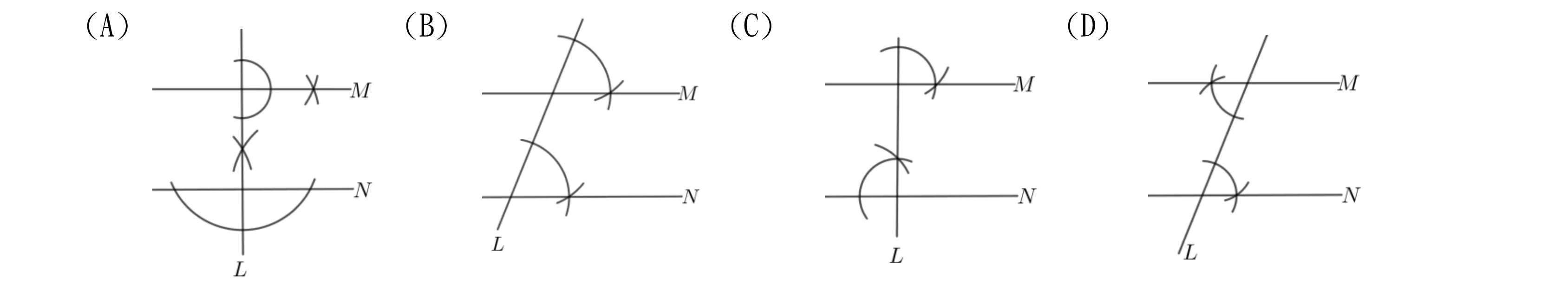 四個尺規作圖痕跡示意圖，皆有一條直線 L 與另兩條水平線 M（上）、N（下）相交，圖上留有圓規作圖的弧線與刻度勾號「×」：(A) L 為鉛直線。L 與 M 的交點處畫的是以該交點為圓心、兩端落在 L 上下兩側的半圓（不是掃向 M 的角弧），L 上另有一個「×」勾號標在 M、N 之間偏靠近 M 處；L 與 N 的交點下方有一段較大的圓弧，圓心是 L 上的那個「×」，弧把 N 截在對稱的兩點上。兩處畫的都是作垂線的痕跡。(B) L 為由左下往右上的斜線。L 與 M 的交點處，有一段圓弧從 L 往上方掃到 M 往右方，交點上有「×」勾號；L 與 N 的交點處也有同樣位置關係的圓弧（從 L 往上方掃到 N 往右方），交點上也有「×」勾號，兩處弧線的相對位置一致。(C) L 為鉛直線。L 與 M 的交點右上方有一段圓弧（從 L 往上方掃到 M 往右方），交點上有「×」勾號；但 L 與 N 的交點處，圓弧卻從左側掃上來，而且那個「×」落在 L 上、不在 N 上（M 處的「×」則在交點右側的 M 上）——兩處的左右對應不一致。(D) L 為由左下往右上的斜線。L 與 M 的交點左下方有一段圓弧（從 L 往下方掃到 M 往左方），交點上有「×」勾號；L 與 N 的交點處也有同樣位置關係的圓弧（從 L 往下方掃到 N 往左方），交點上也有「×」勾號，兩處弧線的相對位置一致。