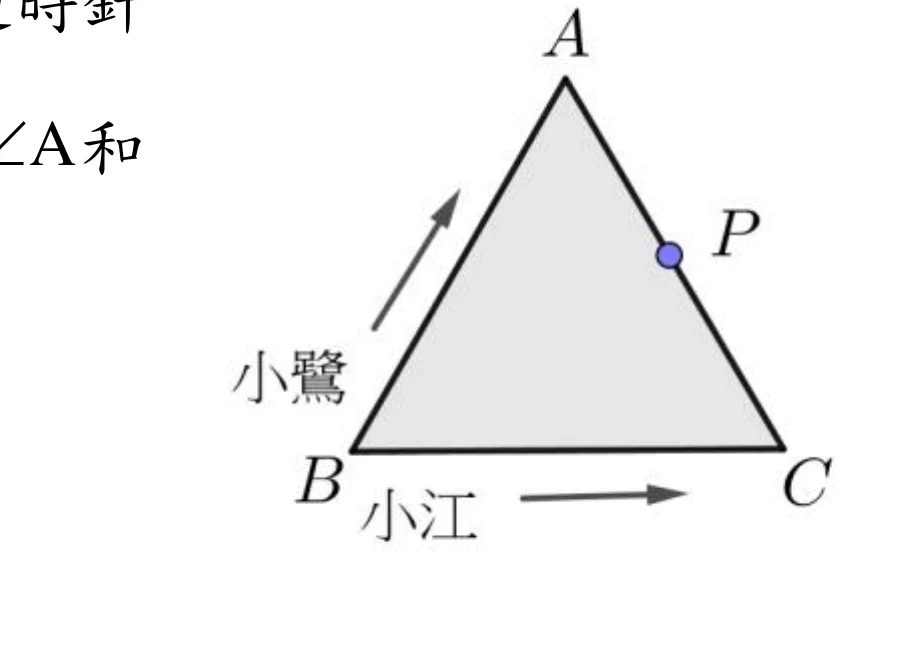 三角形 ABC（A 在頂端、B 在左下、C 在右下，內部塗有灰色網底）。B 到 A 的邊上標示一個往上的箭頭並標註「小鷺」（表示沿 B→A→C 方向行走）；B 到 C 的邊上標示一個往右的箭頭並標註「小江」（表示沿 B→C 方向行走）。AC 邊上標示一點 P（藍色實心圓點）。