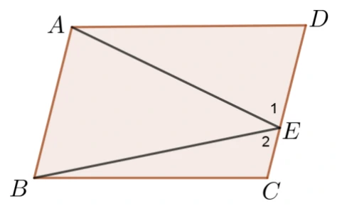 平行四邊形 ABCD（A 左上、D 右上、B 左下、C 右下，塗有淡橘色網底），E 點在 CD 邊上（介於 D、C 之間）。從 A 到 E 有一條線段、從 B 到 E 也有一條線段。E 點附近標了兩個角：「1」在 ED 與 EA 之間（E 的上方）、「2」在 EB 與 EC 之間（E 的下方）。中間那個 ∠AEB 的楔形沒有編號。