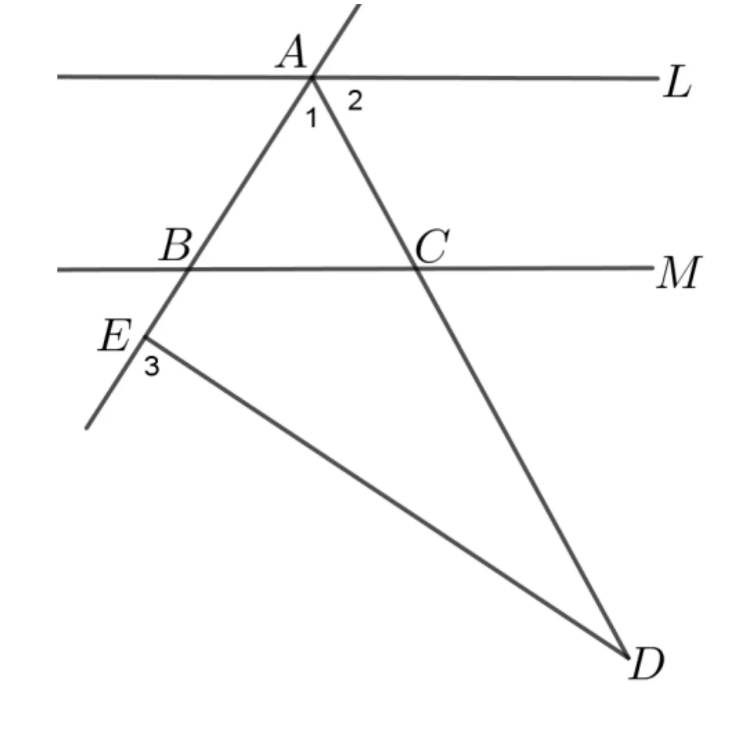 L（上）與 M（中）為兩條水平線。兩條直線都通過 A 點（A 在 L 線上）：一條由 A 向下經過 B 點（B 在 M 線上）再到 E 點（E 在 M 線下方，其下另有一小段延伸）；另一條由 A 向下經過 C 點（C 在 M 線上）再到最下方的 D 點。A 點下方標示角「1」（在 A 到 B 方向與 A 到 C 方向之間）與角「2」（在 A 到 C 方向與 L 線右側之間）。E 點右側標示角「3」（在 E 到 B 方向與另一條線段 E 到 D 之間）。E、D 兩點之間另有一條線段直接相連。