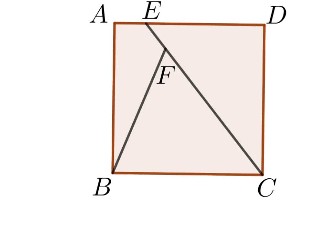 正方形 ABCD（A 左上、D 右上、B 左下、C 右下，塗有淡橘色網底），E 點在 AD 邊上（靠近 A 的一側）。圖中畫了兩條線段：E 到 C（由 E 連到右下角 C，貫穿正方形內部）、B 到 F（由左下角 B 出發，終點在 F，F 是這條線段與 E-C 線段的交點，位置在 E、C 之間偏靠近 E 的一段）。