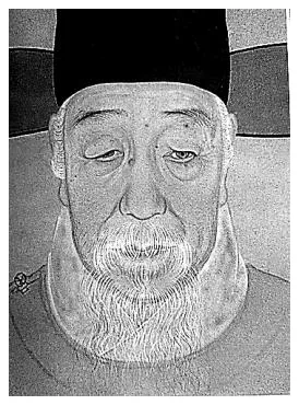 圖2：一幅明末風格的人像畫（半身像），畫中為一位年長男性，頭戴黑色方形官帽，帽後兩側垂有黑色帽翅；面容以細膩筆法描繪，額頭與臉頰上可見清晰的老人斑點，雙眼略顯浮腫下垂、眼神略帶疲態；蓄有花白鬍鬚，鬚髮根根分明、質感疏朗逼真；頸部與下巴的皮膚皺褶亦刻畫細緻，呈現「雞皮鶴髮」的老態；衣領為深色交領長袍。背景以簡單色塊分隔，人物面容立體寫實，明暗過渡自然，與傳統文人畫以簡筆勾勒線條的畫風明顯不同，展現受西洋畫法（明暗陰影、寫實技法）影響的肖像畫風格。