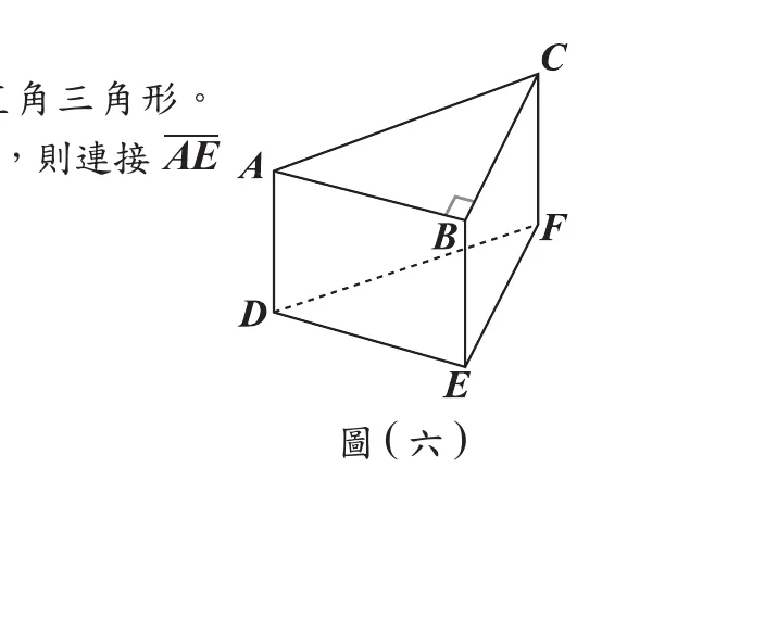 圖(六)：直角柱ABCDEF，上方三角形底面ABC（A在左、B在中間偏下、C在右上角，B處標示直角記號），下方三角形底面DEF（D在左、E在中間偏下、F在右），對應頂點AD、BE、CF以直線相連（BE為虛線，其餘為實線），圖中並畫出對角線AE