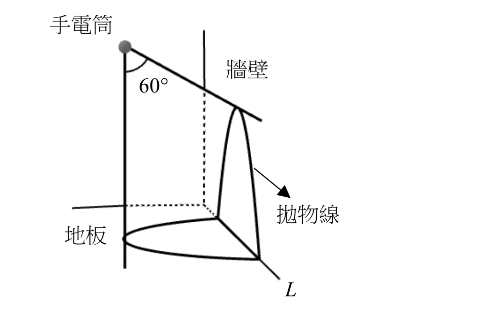 示意圖：手電筒（實心圓點）位於左上方鉛垂線頂端，鉛垂線向下延伸為牆壁與地板的交界直線 L。手電筒發出的圓錐狀光線，其軸線與 L 垂直；圖中以夾角 60° 標示光線在鉛垂平面（過軸線且垂直於牆壁與地板交線的平面）內的張角。圓錐與右側牆壁（一斜線代表牆面）相交的邊緣以拋物線弧線表示，並以箭頭標註「拋物線」；圓錐與下方地板相交的邊緣則以另一段封閉曲線弧線表示（即題目要判斷的圖形）。虛線為輔助的鉛垂投影線，顯示光錐頂點在牆面與地板上的投影關係。
