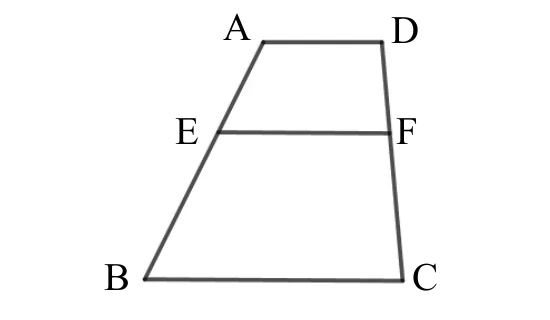 一個梯形，左上標示 $A$、右上標示 $D$（上底 $\overline{AD}$）；左下標示 $B$、右下標示 $C$（下底 $\overline{BC}$）；梯形兩腰 $\overline{AB}$、$\overline{DC}$ 中段各有一點，左腰上的點標示 $E$、右腰上的點標示 $F$，$E$、$F$ 之間畫有一條與上下底平行的線段。
